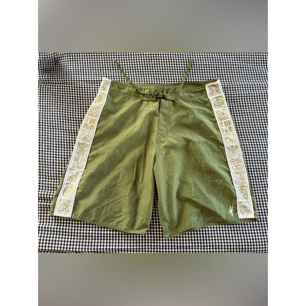 Vintage Y2K “Toes on The Nose” Olive Green Swim Trunks with White Tiki Sides